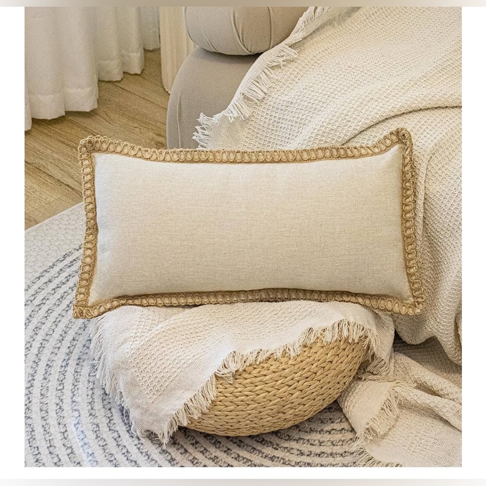 NEW Burlap Lumbar Pillow Cover 12 x 24” Trimmed Tailored